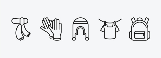 Aufkleber - fashion outline icons set. fashion icons such as wool scarf, pair of gloves, coif, drying, book bag vector. can be used web and mobile.