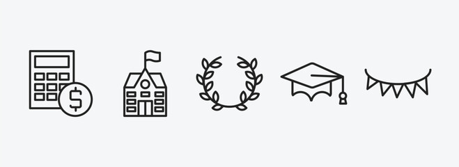 Poster - education outline icons set. education icons such as calculator and dollar, school, laurel wreath, graduation cap, garland vector. can be used web and mobile.