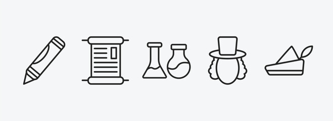 Poster - education outline icons set. education icons such as crayon, manuscript, chemistry, eugene onegin, robin hood vector. can be used web and mobile.