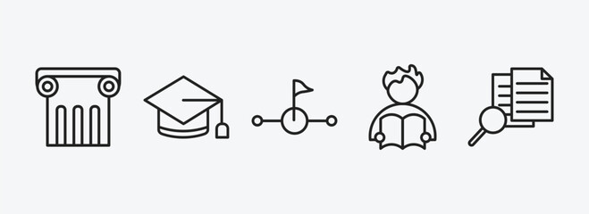 Poster - education outline icons set. education icons such as greek pillar, graduating, halfway, man reading, searching files vector. can be used web and mobile.