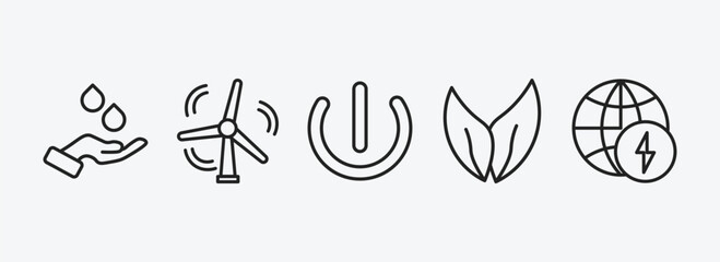 Poster - ecology outline icons set. ecology icons such as raindrop on a hand, wind energy, green power, two leaves, energy globe vector. can be used web and mobile.