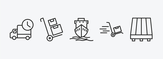 Poster - delivery and logistic outline icons set. delivery and logistic icons such as mind eraser drink, package on trolley, ship by sea, moving, pallet vector. can be used web and mobile.
