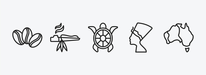 Poster - culture outline icons set. culture icons such as coffee grains, calumet, surfing a sea turtle, nefertiti, australian continent vector. can be used web and mobile.