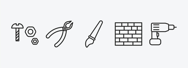 Poster - construction tools outline icons set. construction tools icons such as nuts and bolts, repair pliers, paint brush, brick wall, hand drill vector. can be used web and mobile.