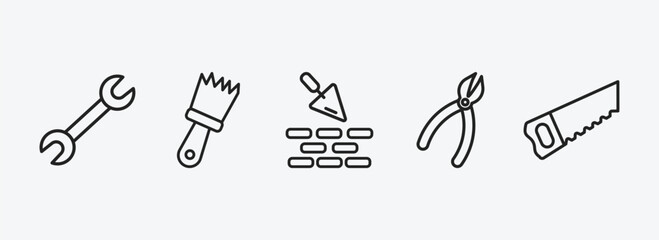 Poster - construction tools outline icons set. construction tools icons such as repair wrench, builder brush, construction works, clipper, carpenter saw vector. can be used web and mobile.
