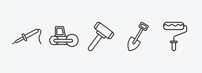Poster - construction tools outline icons set. construction tools icons such as iron soldering, road roller, sledge hammer, spade tool, painter roller vector. can be used web and mobile.