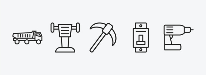 Poster - construction tools outline icons set. construction tools icons such as dumper, rammer, pick axe, circuit breaker, cordless drill vector. can be used web and mobile.