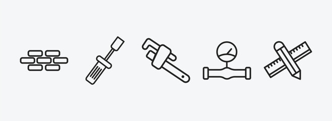 Poster - construction and tools outline icons set. construction and tools icons such as brick, garage screwdriver, stillson wrench, gas pipe, pencil and ruler vector. can be used web mobile.