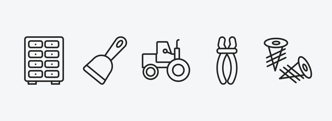 Wall Mural - construction outline icons set. construction icons such as big clo, scraper, steamroller, inclined clippers, two screws vector. can be used web and mobile.