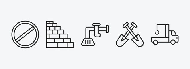 Poster - construction outline icons set. construction icons such as stopping, birck wall, adjusment system, two shovels, crane truck vector. can be used web and mobile.