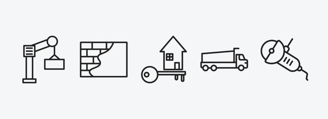Poster - construction outline icons set. construction icons such as derrick with boxes, concrete, home key, tipper, angle grinder vector. can be used web and mobile.