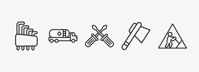 Poster - construction outline icons set. construction icons such as hex key, tank truck, screwdrivers, inclined ax, working vector. can be used web and mobile.