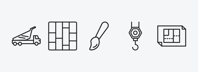 Poster - construction outline icons set. construction icons such as dump truck, paving, brush, pulley hook, h