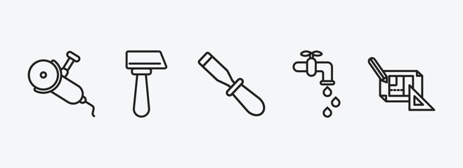Poster - construction outline icons set. construction icons such as grinder, inclined hammer, chisel, stopcock, construction plan vector. can be used web and mobile.