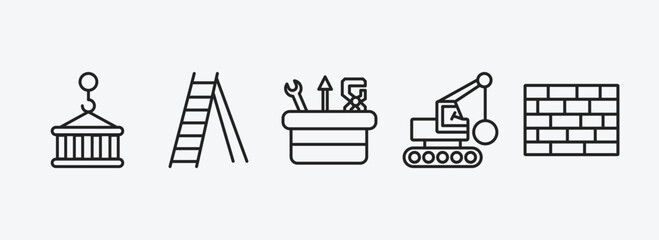 Poster - construction outline icons set. construction icons such as derrick with pallet, double ladder, tool box, derrick with ball, brickwall vector. can be used web and mobile.