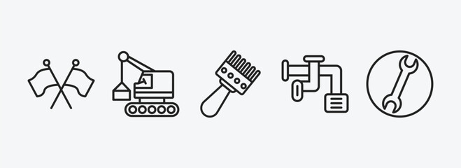 Poster - construction outline icons set. construction icons such as flags crossed, derrick with box, sand brush, adjustment system, round wrench vector. can be used web and mobile.