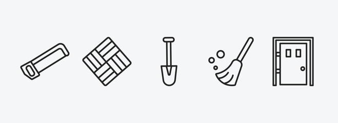 Poster - construction outline icons set. construction icons such as hacksaw, paver, short shovel, sweeping br