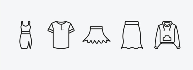 Poster - clothes outline icons set. clothes icons such as drees, henley shirt, circle skirt, peplum skirt, hooded jacket vector. can be used web and mobile.