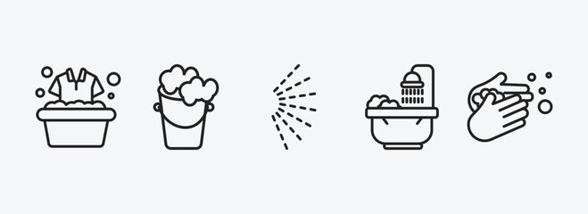 Poster - cleaning outline icons set. cleaning icons such as clothes cleaning, bucket cleanin, spray, bathtub hand washing vector. can be used web and mobile.