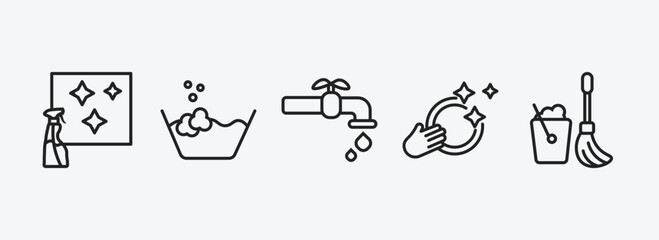Poster - cleaning outline icons set. cleaning icons such as glass cleaning, wash, tap, washing dishes, mop vector. can be used web and mobile.