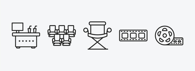 Poster - cinema outline icons set. cinema icons such as cinema snack bar, theatre seats, director film chair, film negatives, big film roll vector. can be used web and mobile.