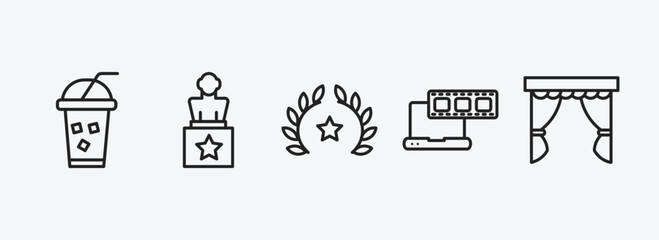 Poster - cinema outline icons set. cinema icons such as take away drink, award, film award, laptop with film strip, cinema curtain vector. can be used web and mobile.