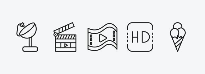 Poster - cinema outline icons set. cinema icons such as satellite tv dish, movie clapper open, big play button, hd, stripped ice cream cone vector. can be used web and mobile.