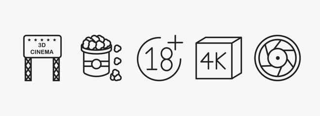 Poster - cinema outline icons set. cinema icons such as movie billboard, popcorn bag, plus 18 movie, 4k, camera lens vector. can be used web and mobile.