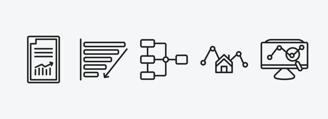 Poster - business and analytics outline icons set. business and analytics icons such as printing documents, depleting chart, data analytics flow, mortgage statistics, stock market vector. can be used web and