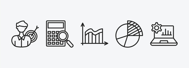 Poster - business and analytics outline icons set. business and analytics icons such as businessman analysis, supplies, data wave, data analysis pie chart, laptop with analysis vector. can be used web and
