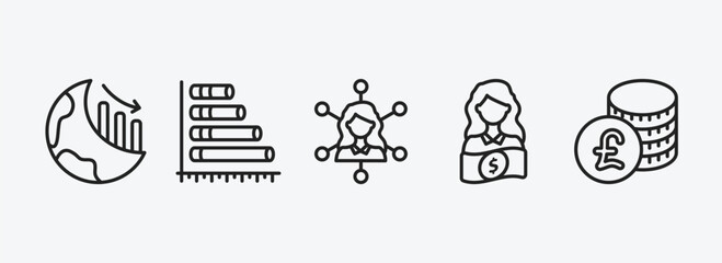 Poster - business outline icons set. business icons such as globe analytics, horizontal bar chart, multitasking woman, woman with money, pounds coins stack vector. can be used web and mobile.