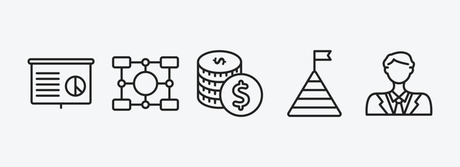 Poster - business outline icons set. business icons such as statistics presentation, item interconnections, one dollar coins, stats pyramid, man with solutions vector. can be used web and mobile.
