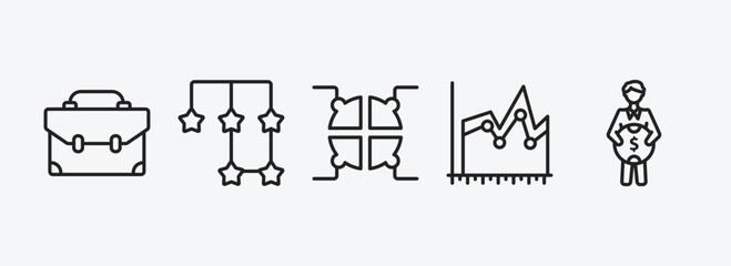 Poster - business outline icons set. business icons such as briefcase tings, points connected chart, infographic elements, spike chart, man holding a big coin vector. can be used web and mobile.