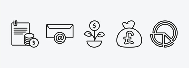 Poster - business outline icons set. business icons such as stock dealing, email contacts, money investment, pounds money bag, pie chart file vector. can be used web and mobile.