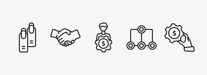 Wall Mural - business outline icons set. business icons such as nails, shaking hands, man with money gears, item connections, hand with money gear vector. can be used web and mobile.