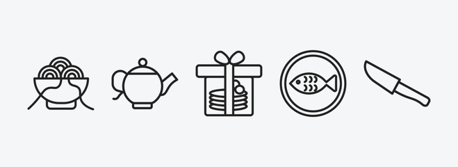 Poster - bistro and restaurant outline icons set. bistro and restaurant icons such as spaghetti bolognese, vintage teapot, cake box, kitchen fish, big knife vector. can be used web and mobile.