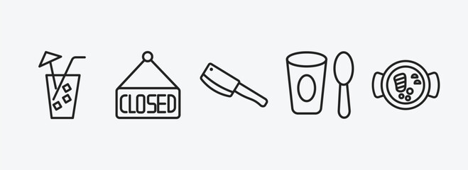 Poster - bistro and restaurant outline icons set. bistro and restaurant icons such as lemonade with straw, closed, butcher knife, yogurt with spoon, combine meal vector. can be used web and mobile.