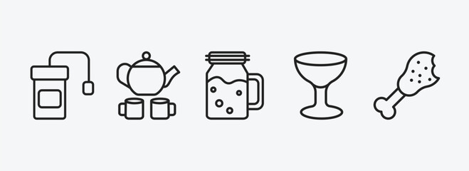 Poster - bistro and restaurant outline icons set. bistro and restaurant icons such as infusion bag, tea, drink jar, wide glass, chicken thigh vector. can be used web and mobile.