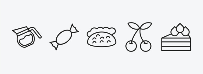 Poster - bistro and restaurant outline icons set. bistro and restaurant icons such as coffe pot, candy balls, pita bread, two cherries, cut cake piece vector. can be used web and mobile.