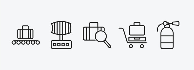 Aufkleber - airport terminal outline icons set. airport terminal icons such as picking luggage, airport radar, luggage inspection, luggage trolley, extinguisher vector. can be used web and mobile.