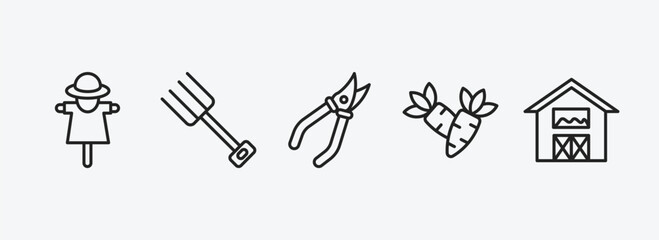 Poster - agriculture farming outline icons set. agriculture farming icons such as scarecrow, farming fork, shears, carrots, barn vector. can be used web and mobile.