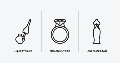 Poster - woman clothing outline icons set. woman clothing icons such as liquid eyeliner, engagement ring, long black gown vector. can be used web and mobile.
