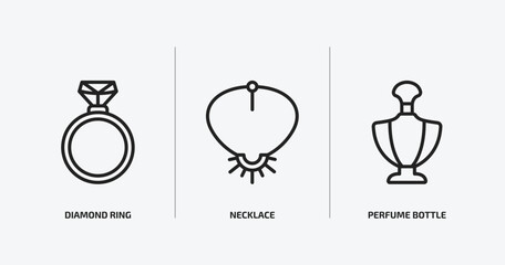 Poster - woman clothing outline icons set. woman clothing icons such as diamond ring, necklace, perfume bottle vector. can be used web and mobile.