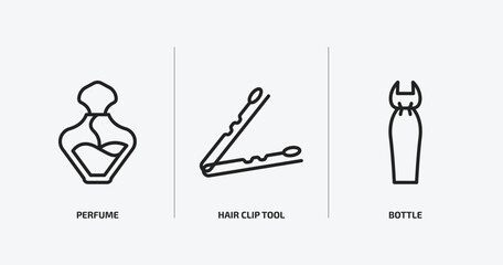 Poster - woman clothing outline icons set. woman clothing icons such as perfume, hair clip tool, bottle vector. can be used web and mobile.