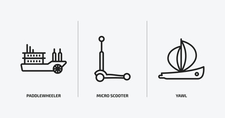 Poster - transportation outline icons set. transportation icons such as paddlewheeler, micro scooter, yawl vector. can be used web and mobile.