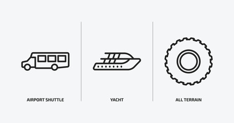 Poster - transportation outline icons set. transportation icons such as airport shuttle, yacht, all terrain vector. can be used web and mobile.