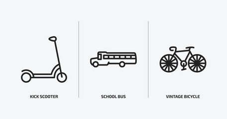 Poster - transportation outline icons set. transportation icons such as kick scooter, school bus, vintage bicycle vector. can be used web and mobile.