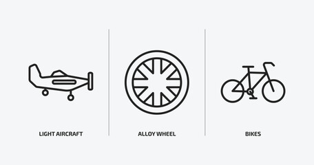 Poster - transport outline icons set. transport icons such as light aircraft, alloy wheel, bikes vector. can be used web and mobile.