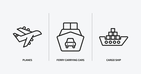 Poster - transportation outline icons set. transportation icons such as planes, ferry carrying cars, cargo ship vector. can be used web and mobile.