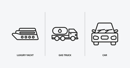 Poster - transportation outline icons set. transportation icons such as luxury yacht, gas truck, car vector. can be used web and mobile.